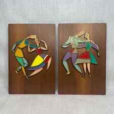 Mid Century Enamel on Brass Wood Dancers Plaques Dayagi Israel Style Vintage picture