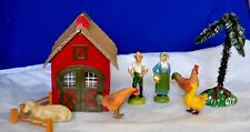 ANTIQUE VTG 10 PC GERMANY DIORAMA FIGURES HOUSE, PALM TREE, CHICKENS, LAMB, MORE picture