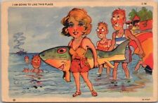 1933 RAY WALTERS Postcard Girl / Fish / Beach Curteich Linen VACATION COMICS C14 picture