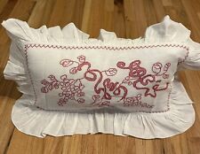 Beautiful Handmade Vintage White Lumbar Pillow Red Embroidery 100% Cotton 19x11 picture