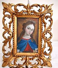 ANTIQUE MEXICAN BAROQUE STYLE PAINTING VIRGIN MARY GILDED FRAME - ARTIST SIGNED picture