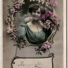 c1900s Smile Young Lady Floral RPPC Cute Hand Colored Atlas Real Photo PC A136 picture