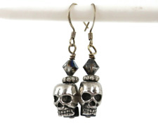 Vintage Pair of Silver Human Skull & Black Crystal Earrings for Pierced Ears picture