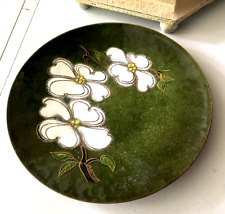 MCM Enamel Copper Vintage Plate 1950's Signed Ratcliff Deep Green White Dogwoods picture