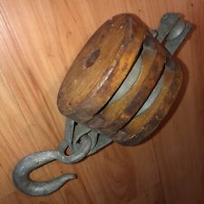 Large Vintage  Wood Block & Tackle, Rustic Double Barn Pulley Hook,  ANVIL Brand picture