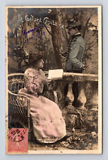c1904 RPPC French Romance Woman & Soldier Hand Colored Portrait CLC Postcard picture