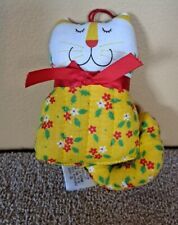 Vtg 1981 Hallmark Cat Kitten Christmas Ornament Yellow Flowered Material Red Bow picture