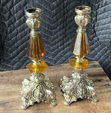 Boujee Pair Vintage Candle Holders Amber Glass Bronze Metal Hollywood Regency picture