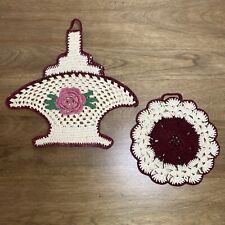 Vintage Crochet Doily Hanging Basket With Potholder Starched Excellent Floral picture