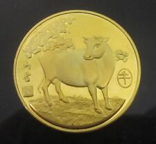 Vintage Chinese Zodiac 24k gilded Gold Coin Cow Lunar 1998 Token Yellow River picture