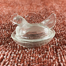 HON Hen On Nest Clear Glass Medium Size Crosshatch Weave Candy Dish Vintage picture