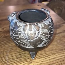 Oaxaca  Etched Black Pottery Footed Bowl / Vase Mexico 3-1/2
