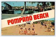 1965 Greetings From Pompano Beach Florida FL Big Large Letters Swimsuit Postcard picture