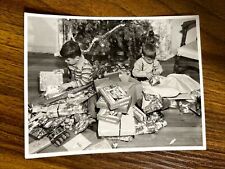1950s B&W Vintage Photo Boys Kids Opening Toys Christmas Presents W2 picture
