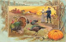 c1910 Raphael Tuck Pilgrim Man Woman Musket Turkeys Pumpkin Thanksgiving P506 picture