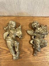 Vintage Vintage Set Of 2, Heavy Wall Hanging Music Playing Cherubs  picture