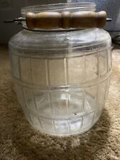 Large 3 Gallon Vintage Glass BARREL PICKLE JAR With Wooden HANDLE picture