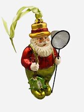 Vintage Christmas Fishing Santa Claus Glass Net Fish Holiday Neon Green Glitter picture
