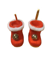 Santa Boots Christmas Ornaments Velvet Red Flocked Bells Gold Trim Lot of 2 picture