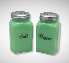 Green Jadeite Glass Depression Style Salt & Pepper Shakers - Vintage Kitchen Jar picture