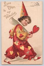 Postcard Valentine Young Child In Clown Outfit Hearts Unsigned Clapsaddle 1908 picture