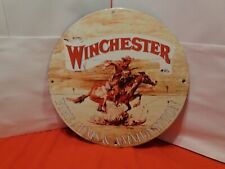 11 3/4 in WINCHESTER FIREARMS PONY EXPRESS RIDER SIGN HEAVY METAL PORCELAIN #915 picture