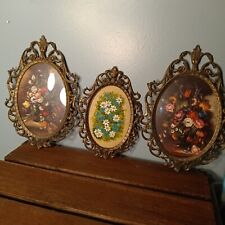 Vintage Victorian Floral Art, Ornate Oval Brass Frames, Set Of 3, Italy picture
