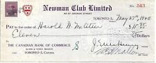 1940s Canada Bank Check Newman Club Limited Toronto-5 Ontario 3c Fee Paid Stamp picture