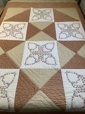 Vintage Brown/Tan Embroidered Quilt 81x95 Hand Quilted Prairie Points picture