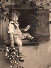 c1920s Happy Birthday Boy Sits On Window Sill w/ Flowers & Card ANTIQUE Postcard picture