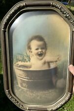 Antique Frame Convex Bubble Glass Portrait Baby in Metal Wash Tub Outside Art picture