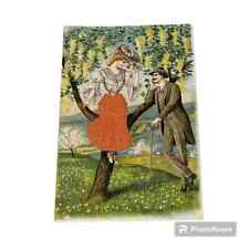 Postcard Woman Man Silk Skirt Applique Romantic Embossed Vintage A179 picture
