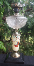 Antique 1890s Pattern Glass Oil Lamp Hand Painted BUTTERFLY Milk Glass Stem picture