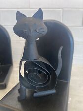 Black Cat Bookends Retro Modern Style Wrought Iron Wood Base Sitting Tail Up picture