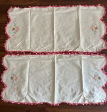 2 VINTAGE Embroidered Table Runners/Dresser Scarves w flower baskets & crochet picture