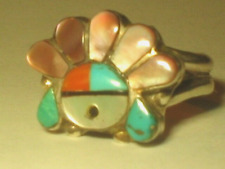 Sun face Zuni Ring Mother of Pearl, Turquoise, Coral Sterling Silver Sz 5.75 picture
