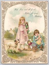 Antique Victorian Birthday Card Girls With Dolls Jack Russell Terrier 1880-1890 picture