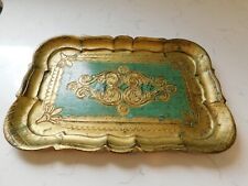 10 x 7 Vintage Italy Florentine Toleware Green/Gold Gilt Serving Display Tray picture