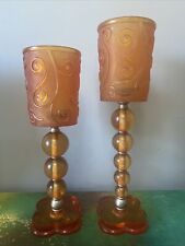 Vintage Orange Groovy Pillar Candleholders Mod Swirl Acrylic Resin Set Of 2 Rare picture