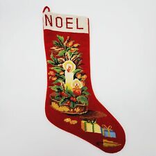 Vintage Handmade Needlepoint Christmas Stocking Noel Candle Wool Lined 18