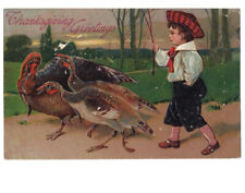 c.1908 Thanksgiving Greetings Cute Young Boy Marching Turkeys Embossed Postcard picture