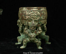 Antique Old Chinese Dynasty Bronze Ware Silver 3 People Drum Statue Sculpture picture