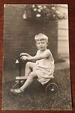 VTG c.1930 RPPC Postcard Small Child Boy Riding Tricycle White Clothes Knee Sox picture