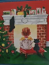 1955 Vtg CHRISTMAS CARD Little GIRL Black CAT Tree w ORNAMENTS Fireplace Mantel picture