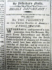 1809 hdlne newspaper JAMES MADISON PROCLAMATION - US EMBARGO on TRADE w BRITISH picture