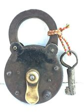 OLD VINTAGE HANDMADE  RUSTIC IRON BRASS FITTED UNIQUE SHAPE PADLOCK WITH KEY picture