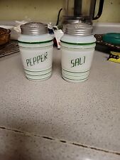 Hazel Atlas Milk Glass Vintage Beehive S & P Shakers Green Stripped And Letters picture