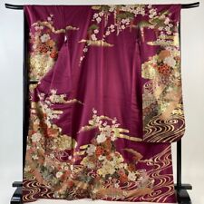 Woman Japanese Kimono Furisode Silk Flower Cart Egasumi Gold Foil Reddish Purple picture