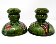 Vintage Pottery Candlsticks Set of Two Green Floral Taper Candle Holders picture