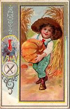 Thanksgiving Postcard Boy Carrying a Pumpkin in Field, Turkey, Plate, Silverware picture